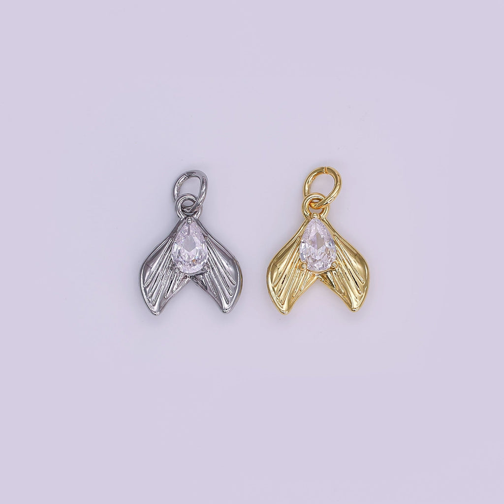 24K Gold Filled 13.5mm Clear CZ Teardrop Lined Fish Tail Charm in Gold & Silver | N858