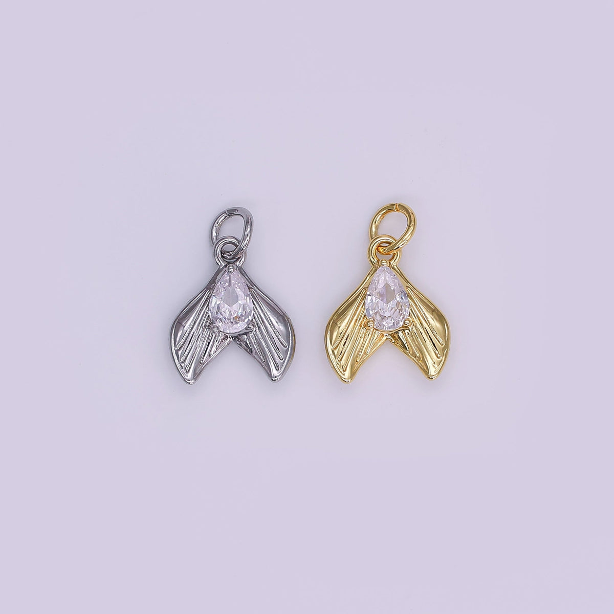 24K Gold Filled 13.5mm Clear CZ Teardrop Lined Fish Tail Charm in Gold & Silver | N858
