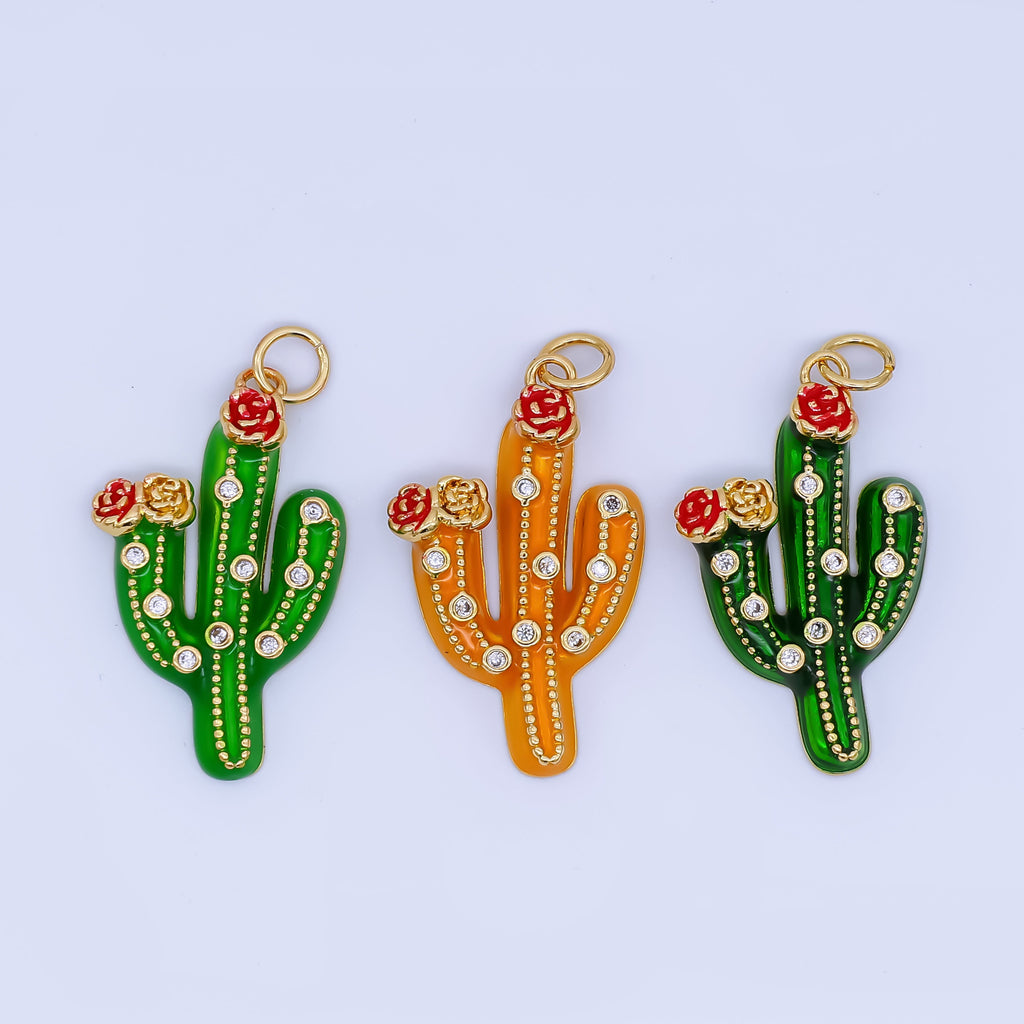 24K Gold Filled 27mm Clear CZ Dotted Enamel Red Flower Cactus Plant Charm | AJ433 AJ434