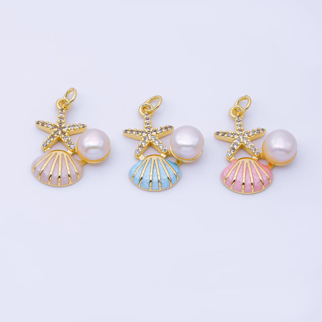 24K Gold Filled 23mm White, Pink, Blue Micro Paved CZ Shell Pearl Starfish Clam Seashell Charm | AF1588 AF1589