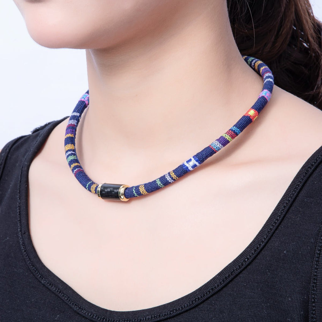 10mm Blue Multicolor Embroidered Fabric Cord 16.54 Inch Necklace | WA-3954