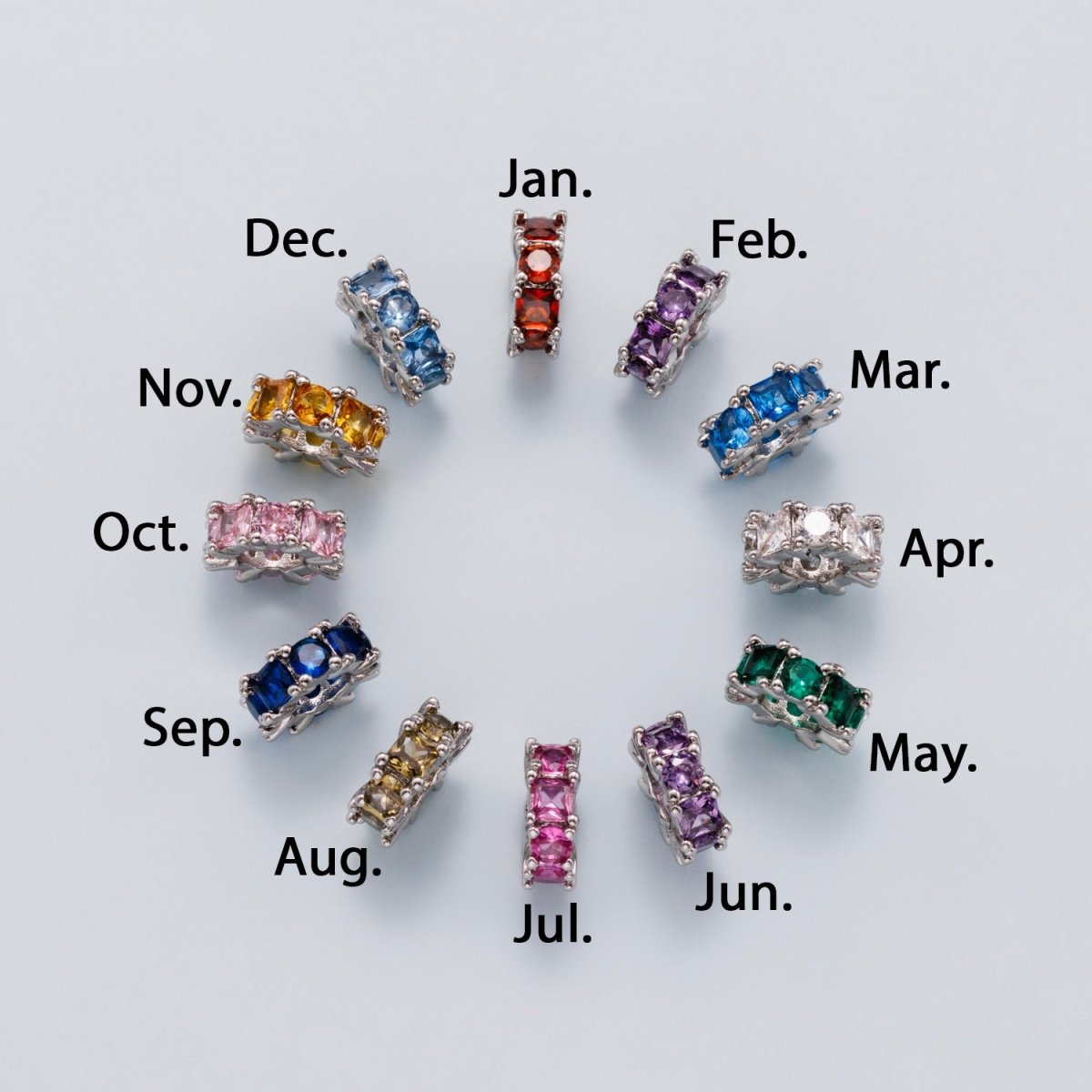 10mm Personalized Baguette Birthstone CZ Rondelle Spacer Set | Beads-00077 ~ Beads-00088