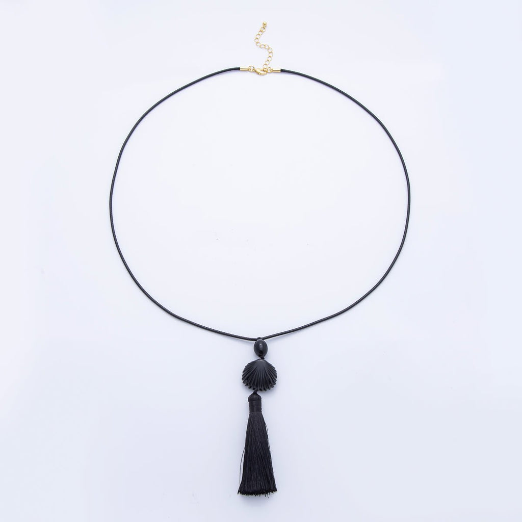 14K Gold Filled Black, White 10mm Seashell Bead Tassel Cord Chain Necklace | WA-04072 WA-01560