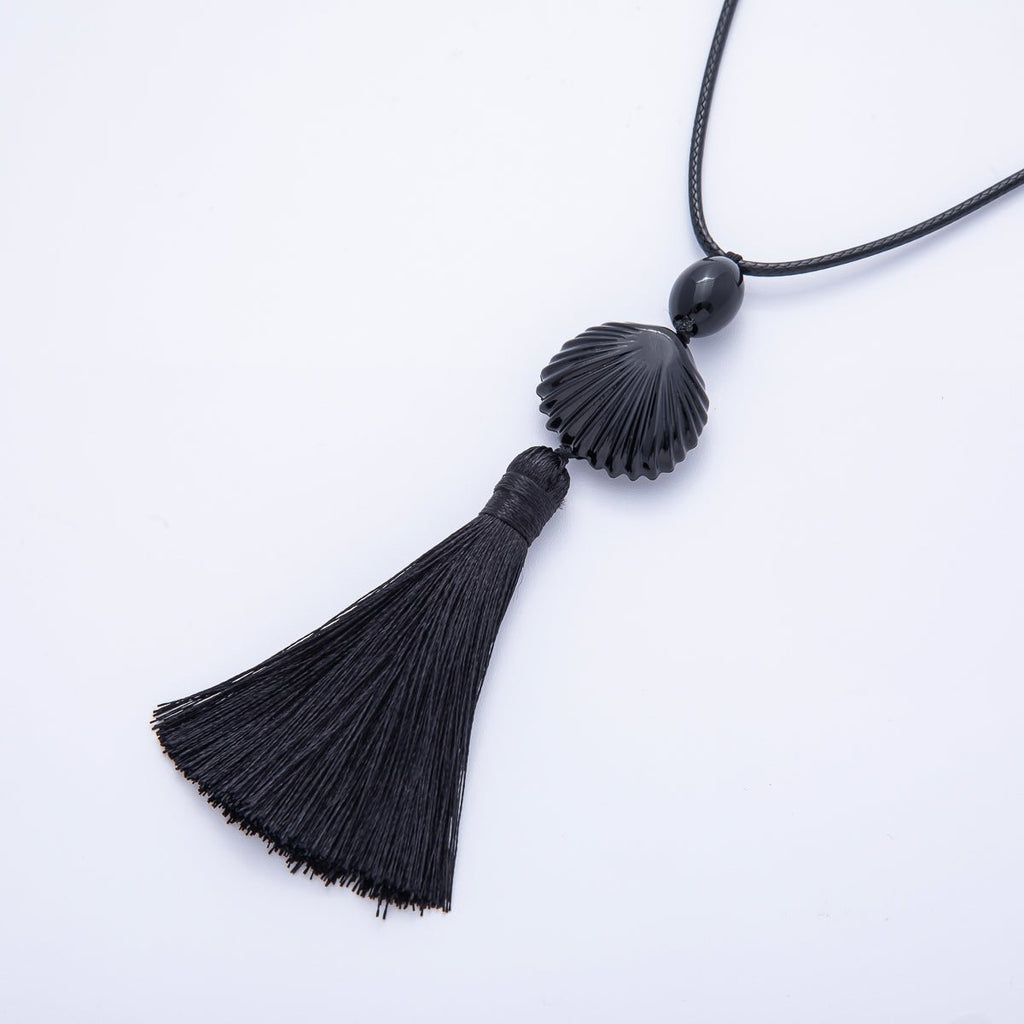 14K Gold Filled Black, White 10mm Seashell Bead Tassel Cord Chain Necklace | WA-04072 WA-01560
