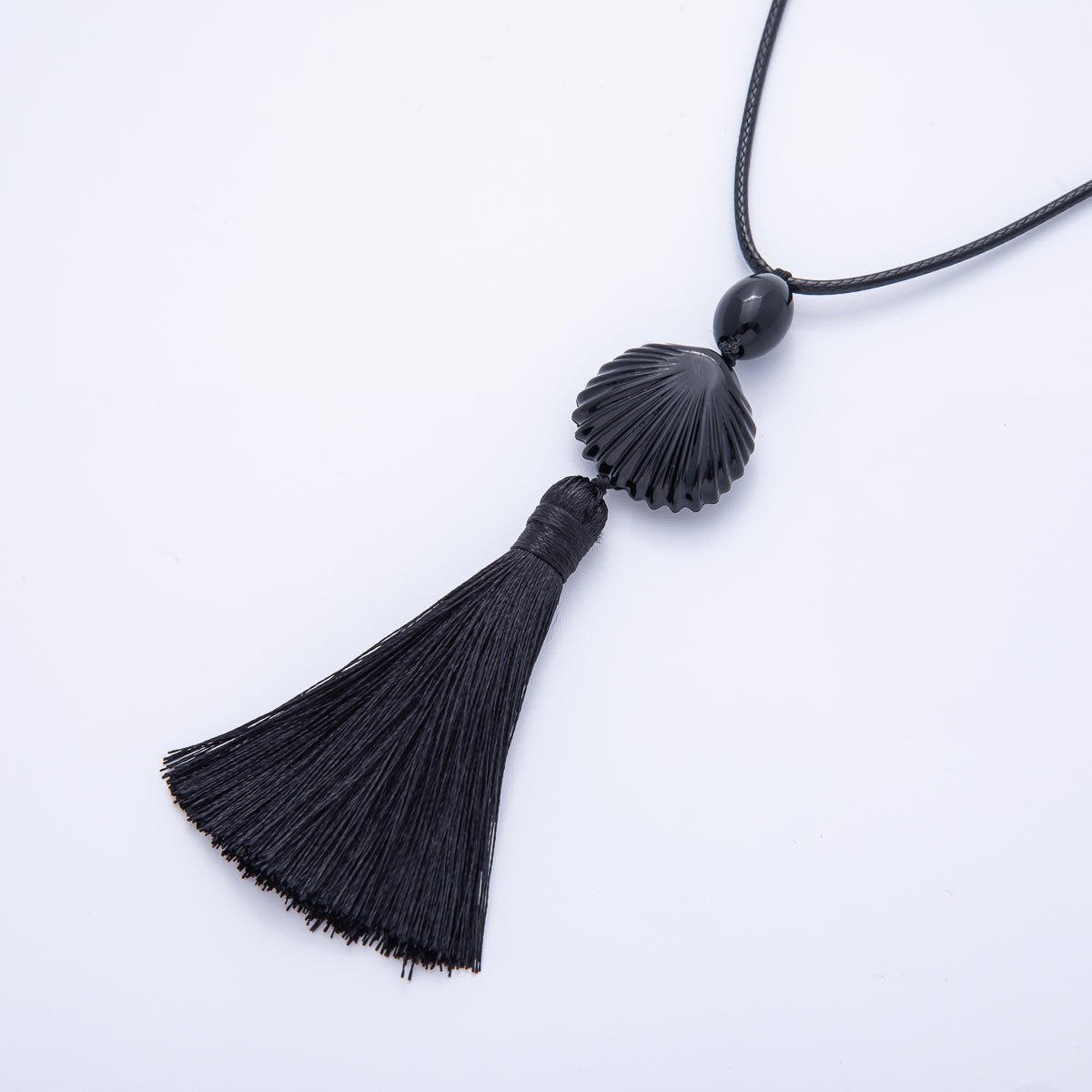 14K Gold Filled Black, White 10mm Seashell Bead Tassel Cord Chain Necklace | WA-04072 WA-01560