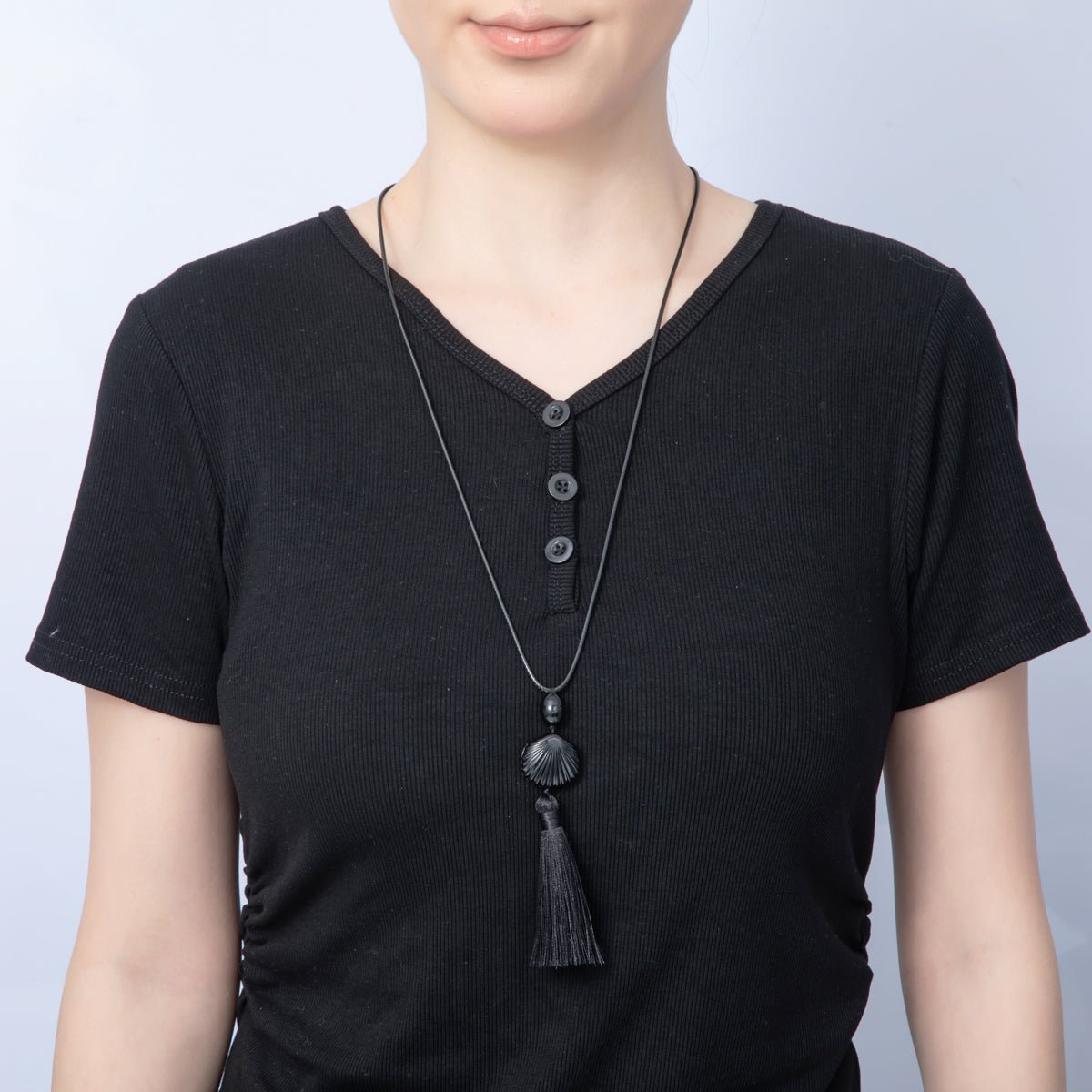 14K Gold Filled Black, White 10mm Seashell Bead Tassel Cord Chain Necklace | WA-04072 WA-01560