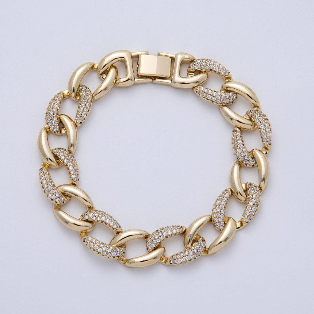 14K Gold Filled 11.5mm Micro Paved CZ Curb Chain 8 Inch Bracelet | WA-4097