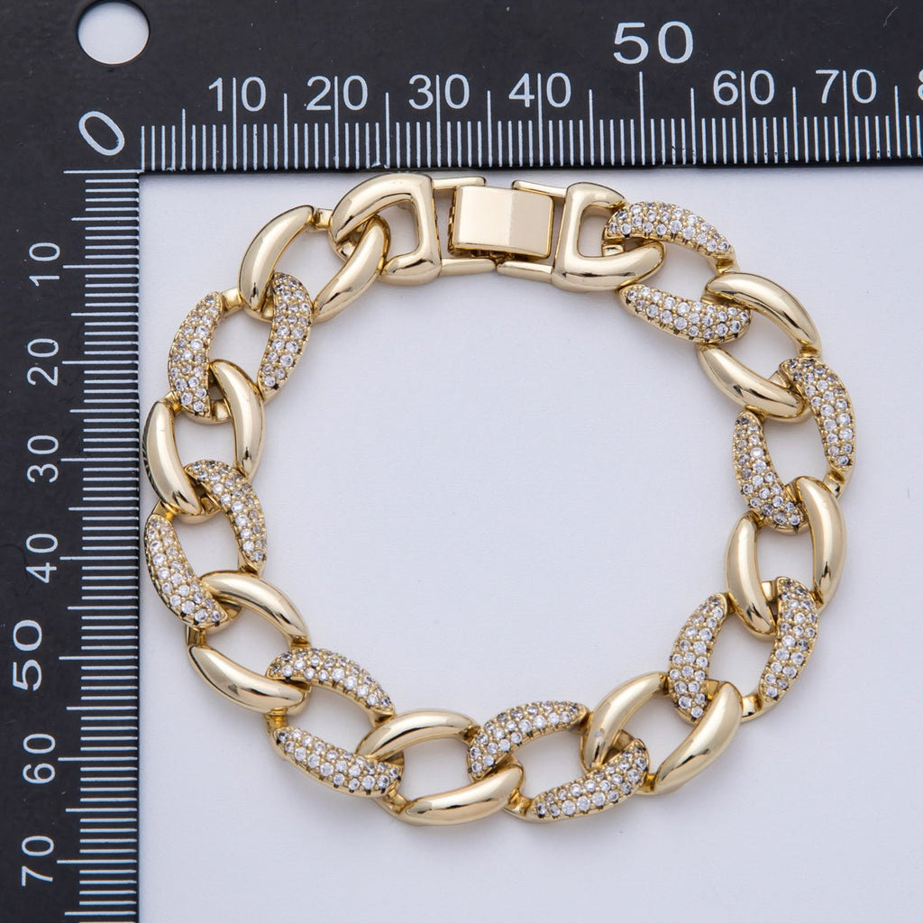 14K Gold Filled 11.5mm Micro Paved CZ Curb Chain 8 Inch Bracelet | WA-4097