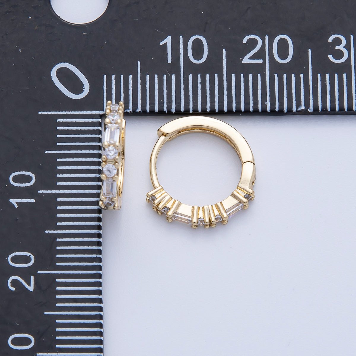 14K Gold Filled 12.5mm Clear CZ Round Baguette Cartilage Huggie Earrings | Earrings-00096
