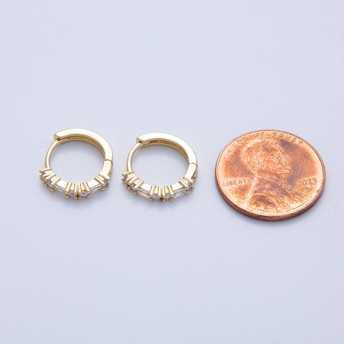 14K Gold Filled 12.5mm Clear CZ Round Baguette Cartilage Huggie Earrings | Earrings-00096