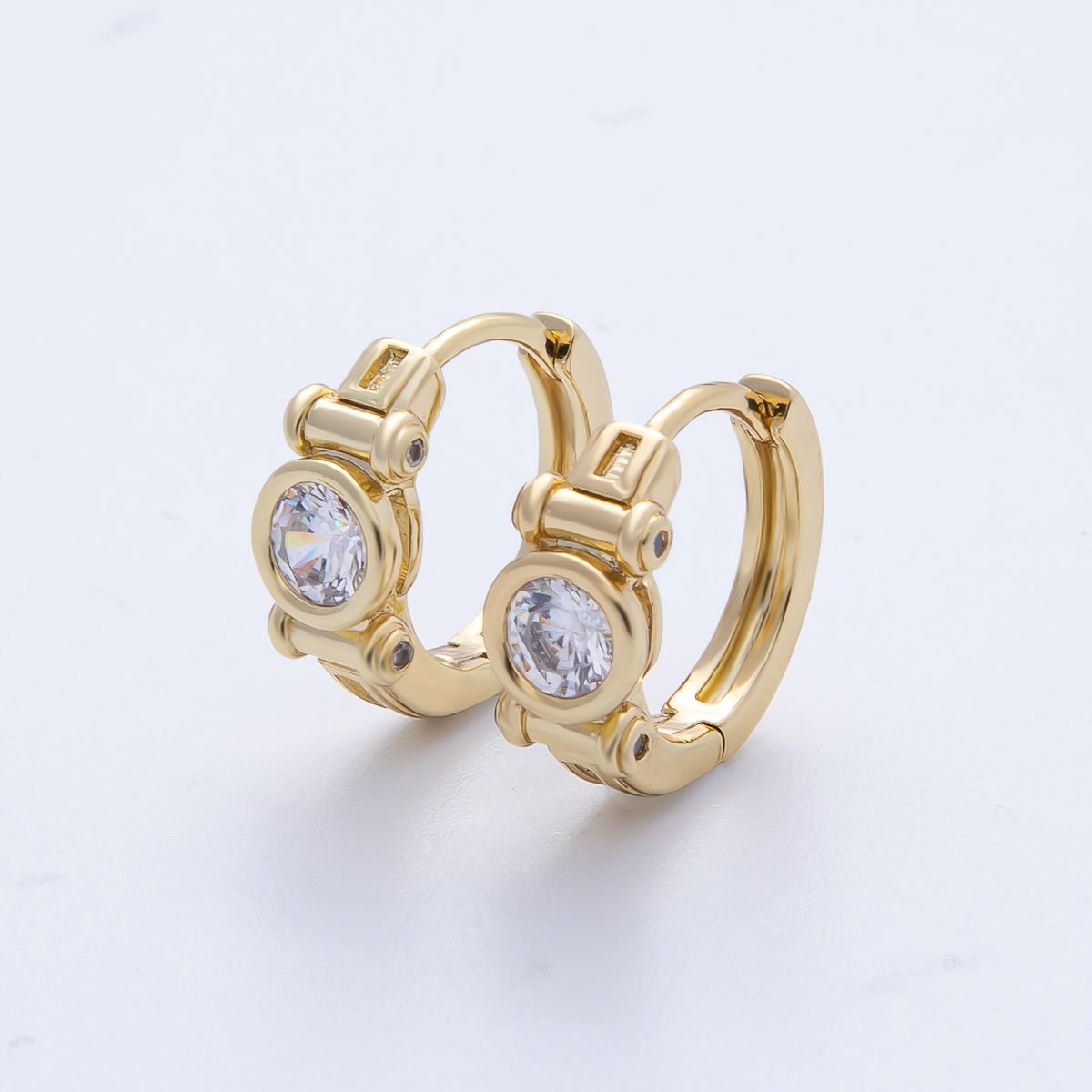 14K Gold Filled 12.5mm Clear CZ Round Bezel Geometric Huggie Earrings | Earrings-00103