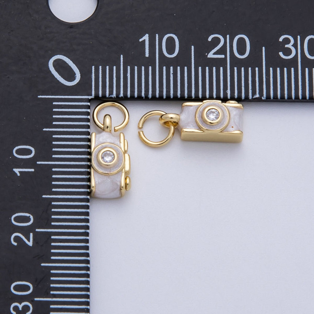 14K Gold Filled 12mm White Enamel Film Retro Digital Camera 3D Multidimensional Charm | Charms-00060