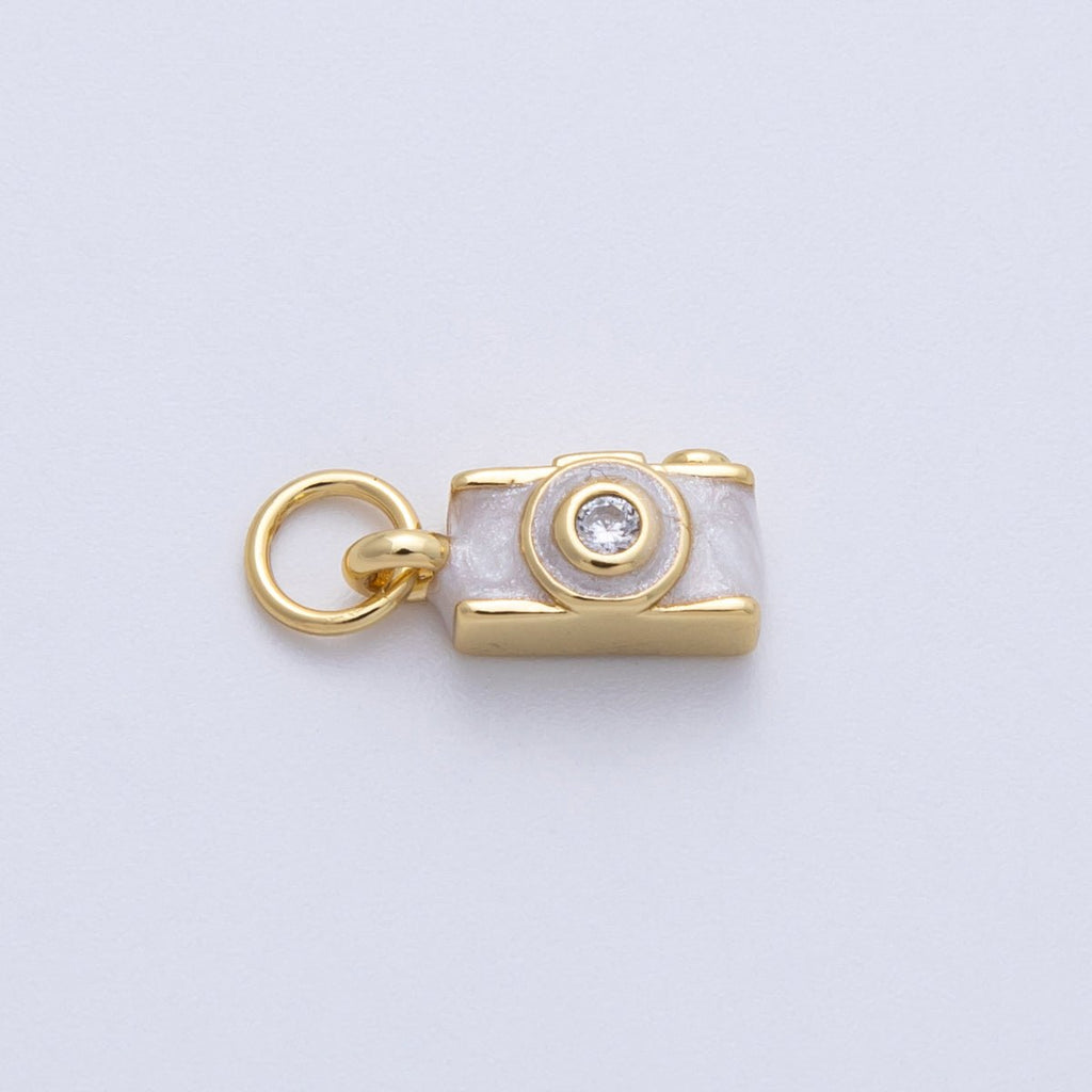 14K Gold Filled 12mm White Enamel Film Retro Digital Camera 3D Multidimensional Charm | Charms-00060