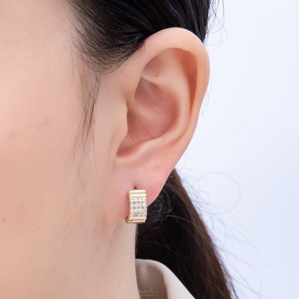 14K Gold Filled 13.5mm Micro Paved CZ Ribbed Rows Geometric Huggie | Earrings-00263