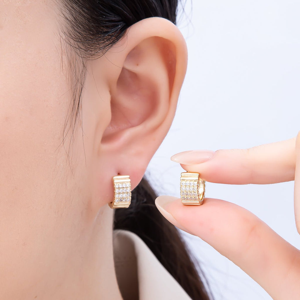 14K Gold Filled 13.5mm Micro Paved CZ Ribbed Rows Geometric Huggie | Earrings-00263