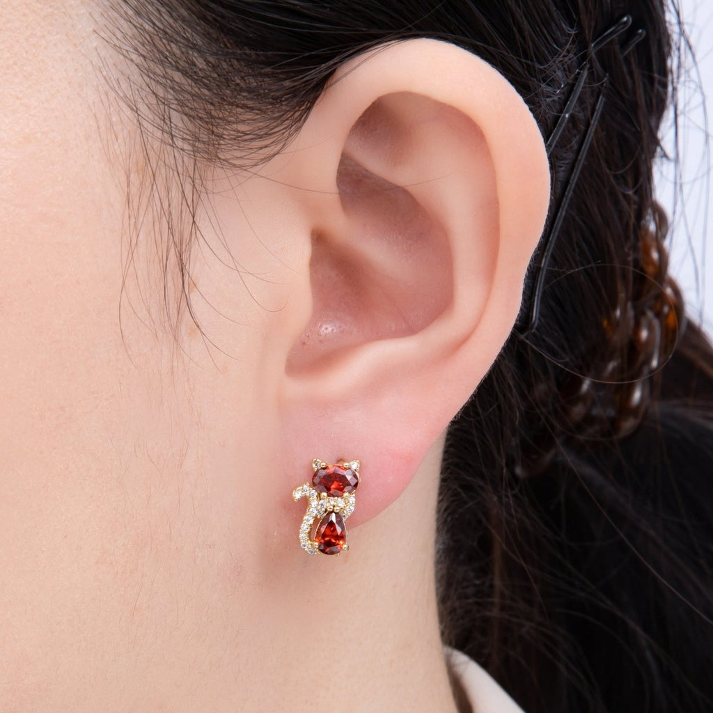 14K Gold Filled 13mm Clear, Green, Red CZ Micro Paved Cat Kitten Pet Huggie Set | Earrings-00189 ~ Earrings-00191