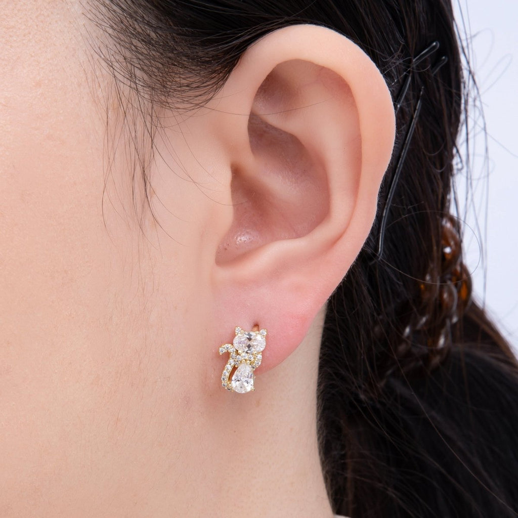 14K Gold Filled 13mm Clear, Green, Red CZ Micro Paved Cat Kitten Pet Huggie Set | Earrings-00189 ~ Earrings-00191
