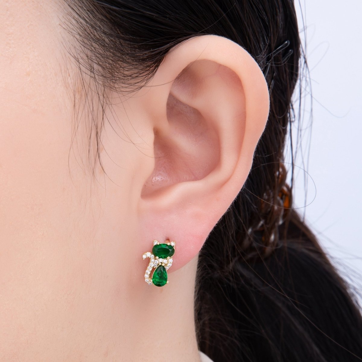 14K Gold Filled 13mm Clear, Green, Red CZ Micro Paved Cat Kitten Pet Huggie Set | Earrings-00189 ~ Earrings-00191