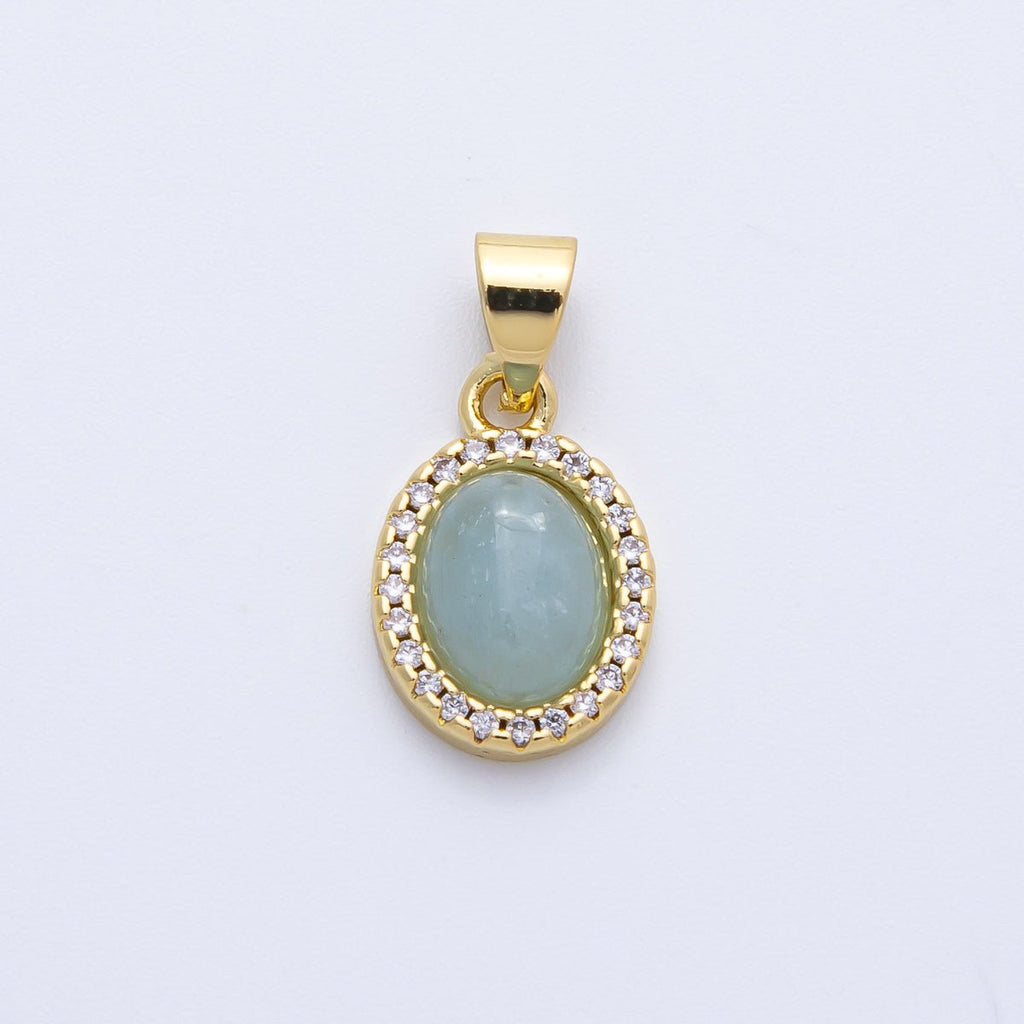 14K Gold Filled 14mm Micro Paved CZ Blue Agate Cabochon Oval Pendant | Charms-00322