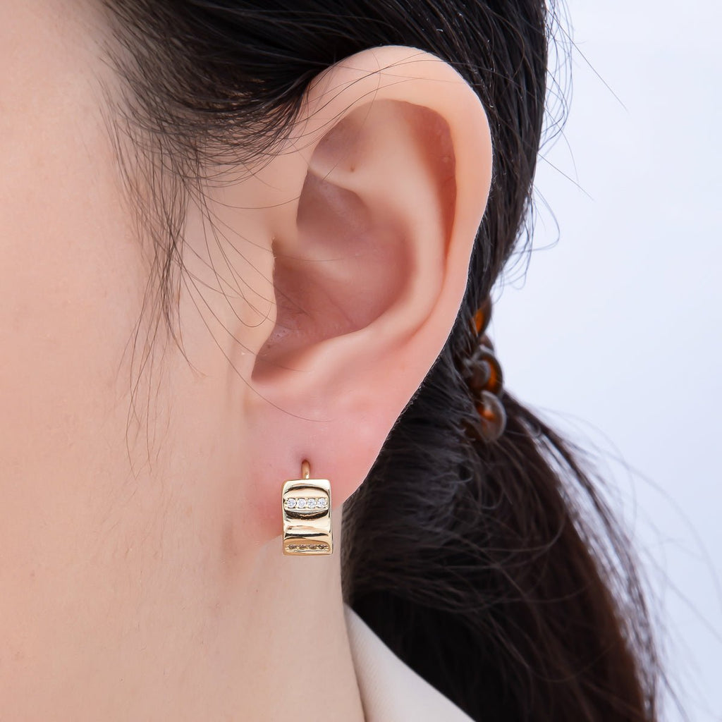 14K Gold Filled 14mm Micro Paved CZ Linear Huggie Earrings | Earrings-00355