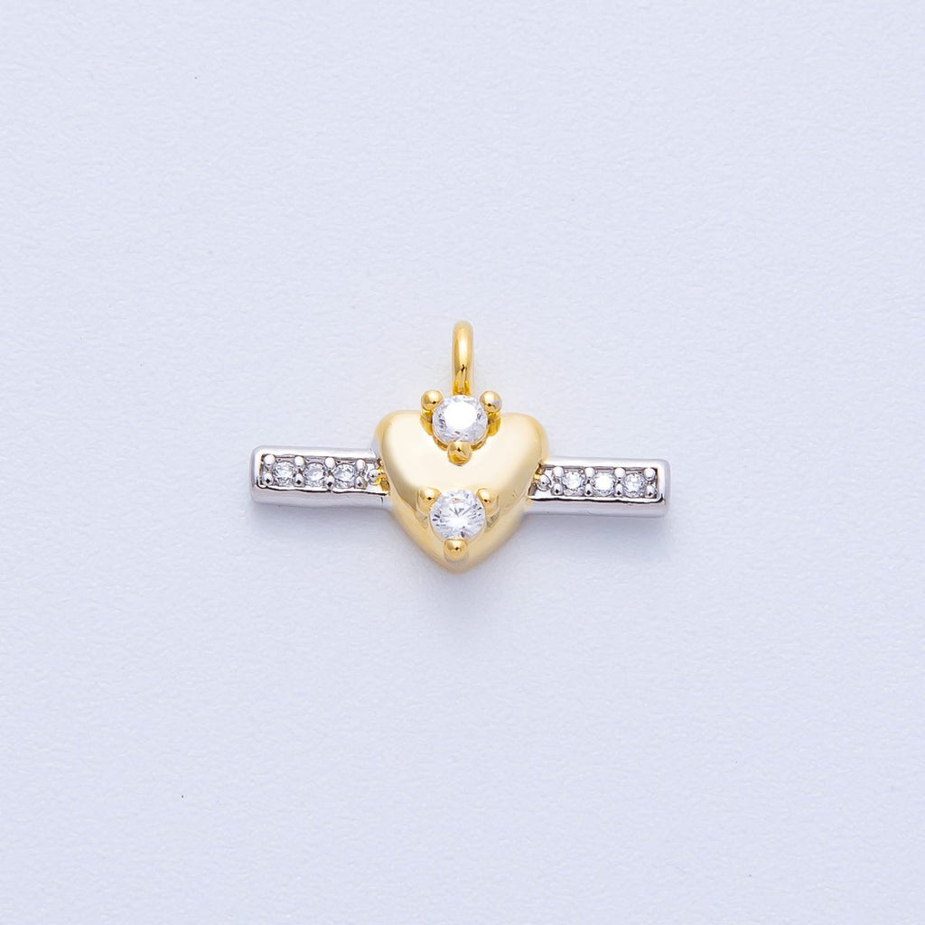 14K Gold Filled 15.5mm Micro Paved CZ Heart Bar Mini Mixed Metal Charm | Charms-00044