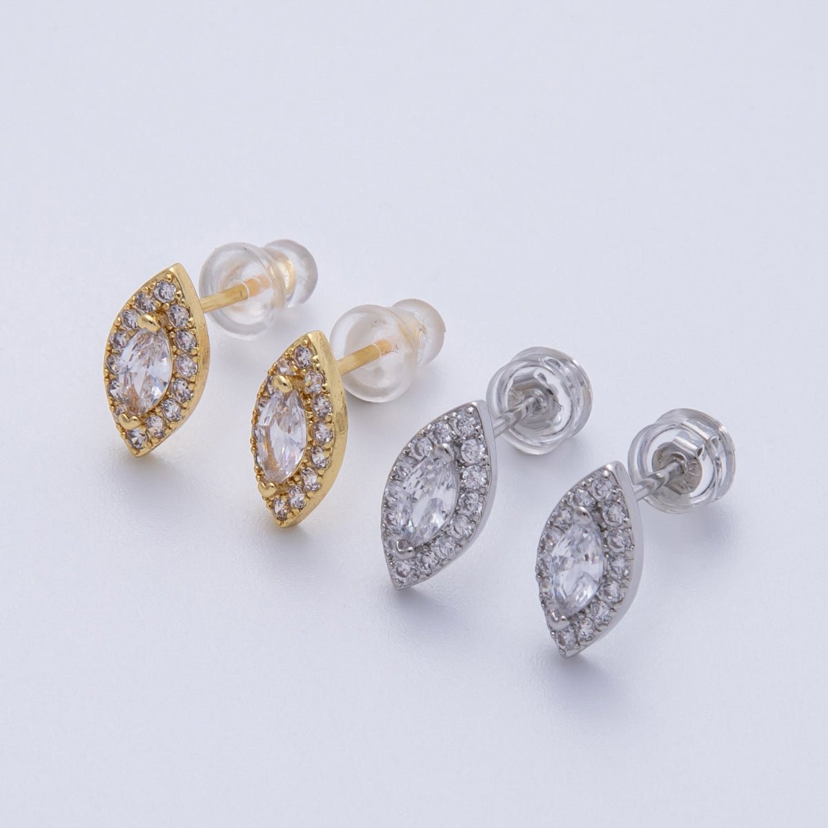 14K Gold Filled 15mm Clear CZ Marquise Micro Paved Stud Earrings in Gold & Silver | Earrings-00048 Earrings-00049