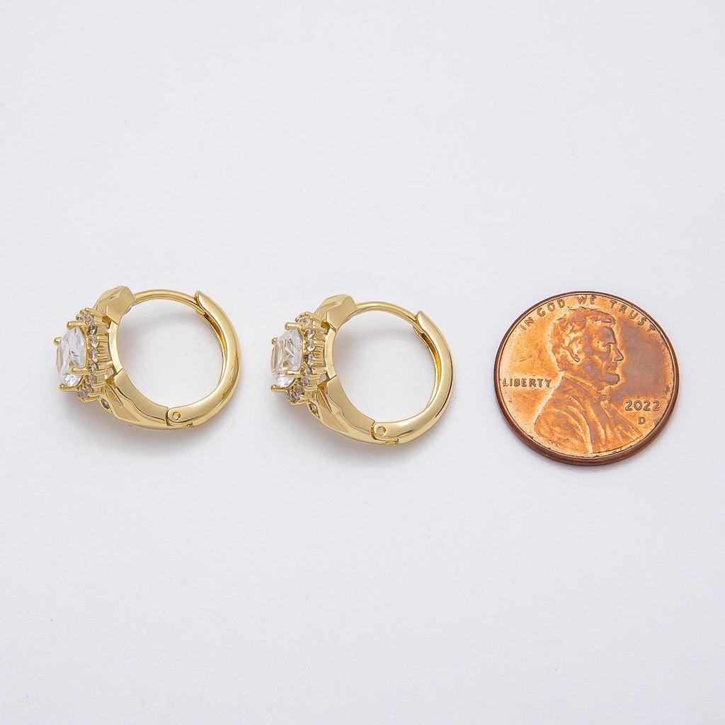 14K Gold Filled 15mm Clear CZ Round Flower Hammered Geometric Hoop Earrings | Earrings-00270