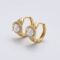 14K Gold Filled 15mm Clear CZ Round Flower Hammered Geometric Hoop Earrings | Earrings-00270