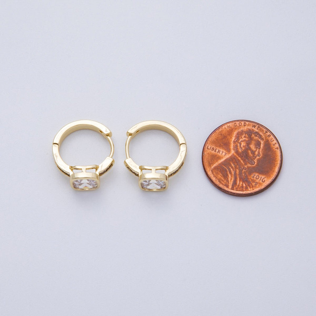 14K Gold Filled 15mm Clear CZ Square Solitaire Baguette Paved Hoop Earrings | Earrings-00148
