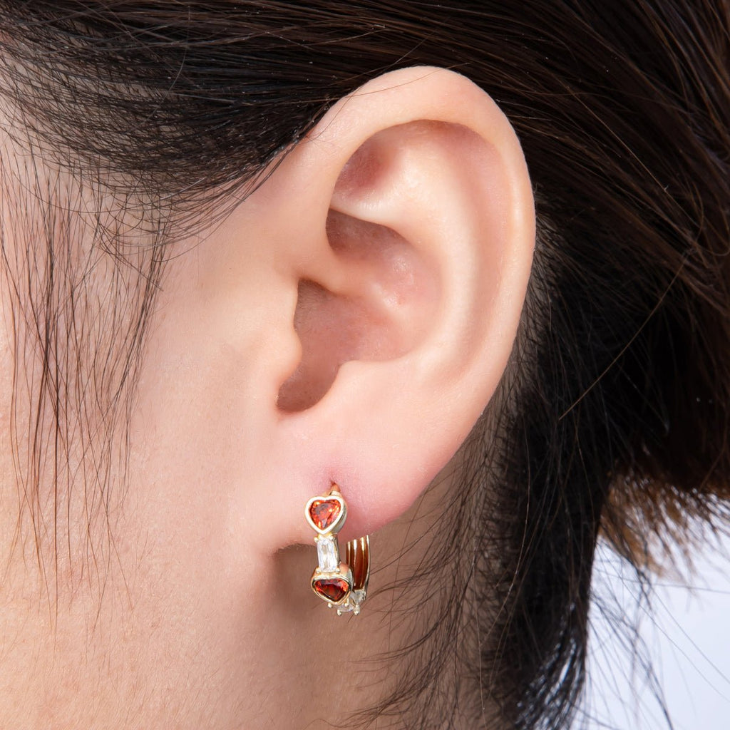 14K Gold Filled 15mm CZ Baguette Red Heart Huggie Earrings | Earrings-00133