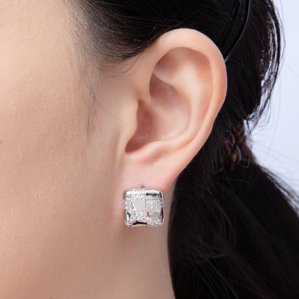 14K Gold Filled 15mm Micro Paved CZ Checkered Square Stud Earrings in Gold & Silver | Earrings-00021 Earrings-00022