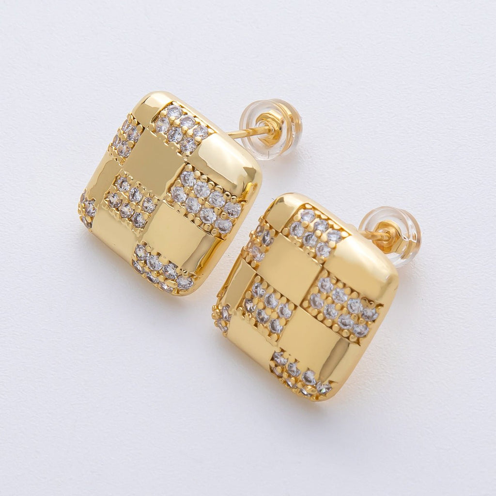 14K Gold Filled 15mm Micro Paved CZ Checkered Square Stud Earrings in Gold & Silver | Earrings-00021 Earrings-00022
