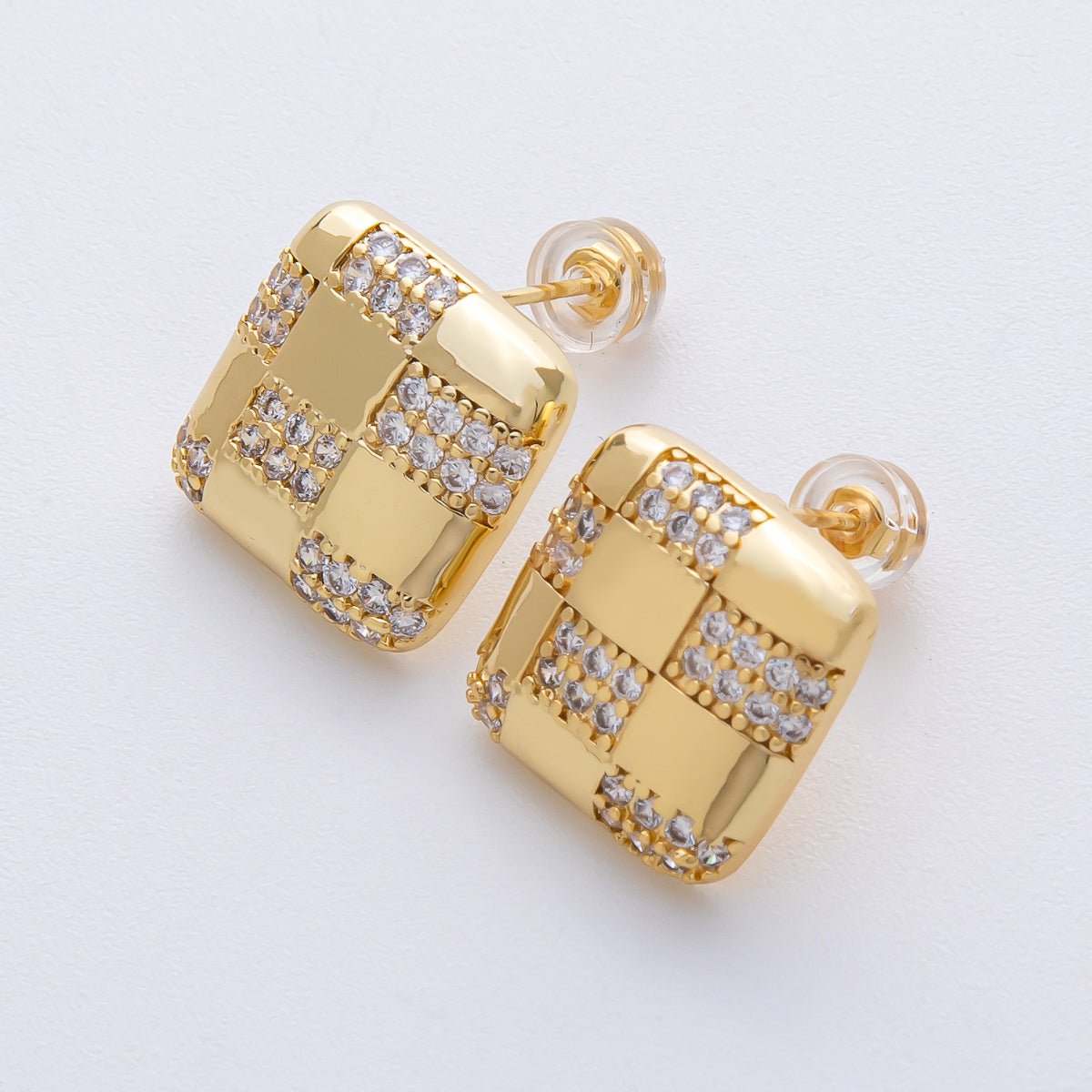 14K Gold Filled 15mm Micro Paved CZ Checkered Square Stud Earrings in Gold & Silver | Earrings-00021 Earrings-00022