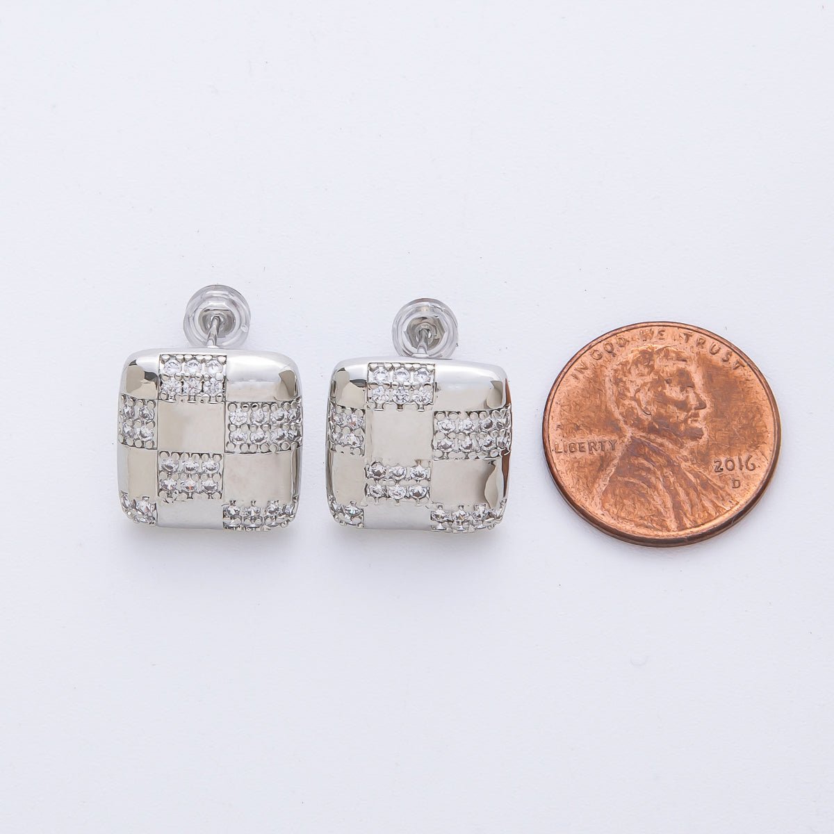 14K Gold Filled 15mm Micro Paved CZ Checkered Square Stud Earrings in Gold & Silver | Earrings-00021 Earrings-00022