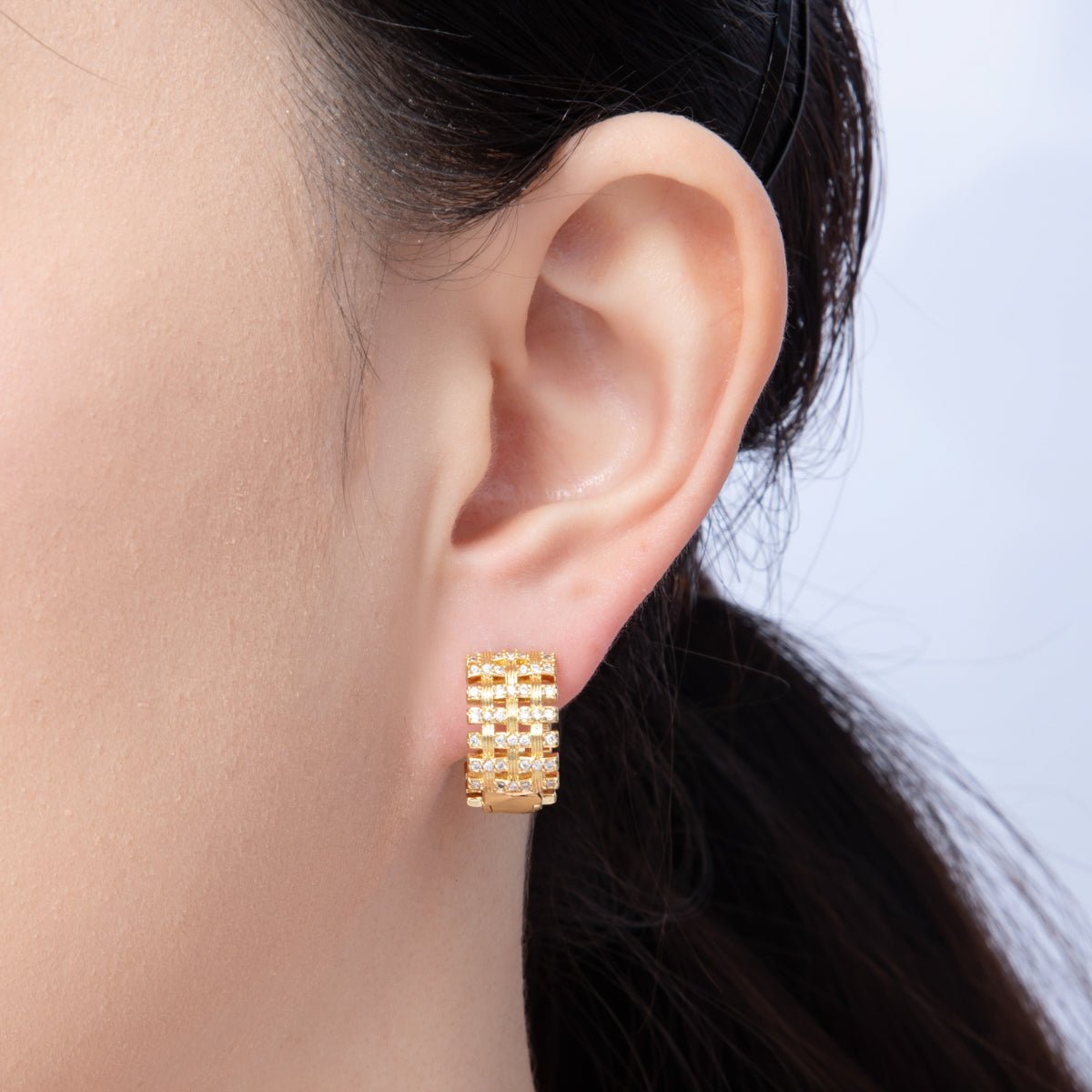 14K Gold Filled 16.5mm Micro Paved CZ Woven Ribbed Huggie Earring in Gold & Silver | EARRINGS-00006-00007