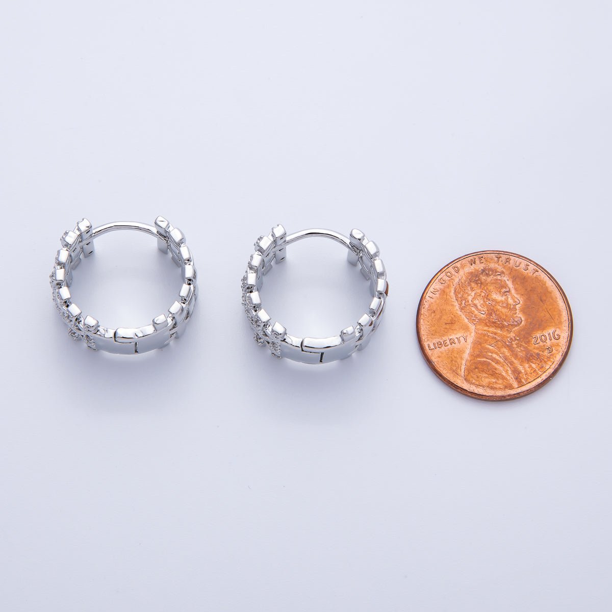 14K Gold Filled 16.5mm Micro Paved CZ Woven Ribbed Huggie Earring in Gold & Silver | EARRINGS-00006-00007