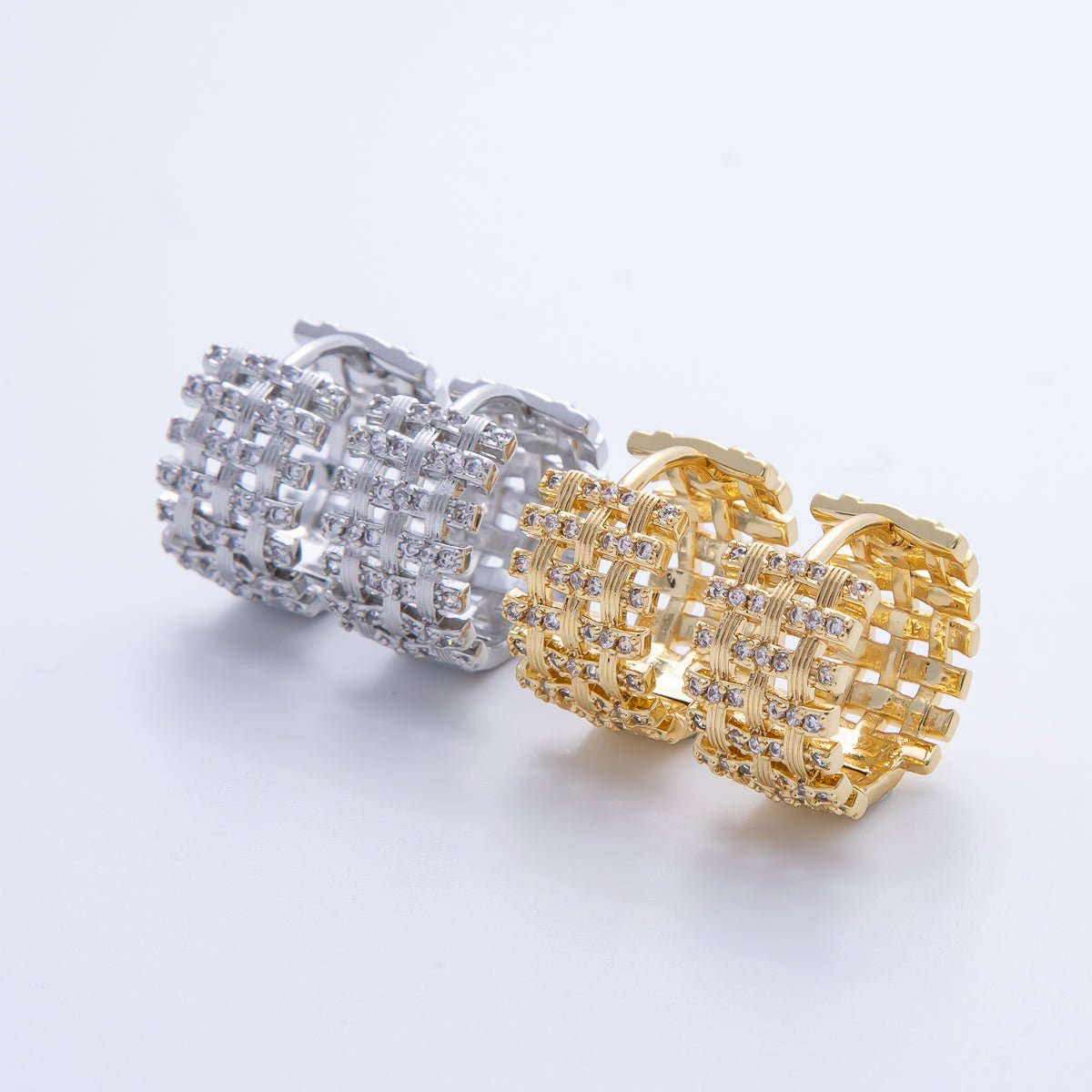 14K Gold Filled 16.5mm Micro Paved CZ Woven Ribbed Huggie Earring in Gold & Silver | EARRINGS-00006-00007