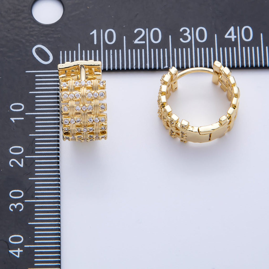 14K Gold Filled 16.5mm Micro Paved CZ Woven Ribbed Huggie Earring in Gold & Silver | EARRINGS-00006-00007