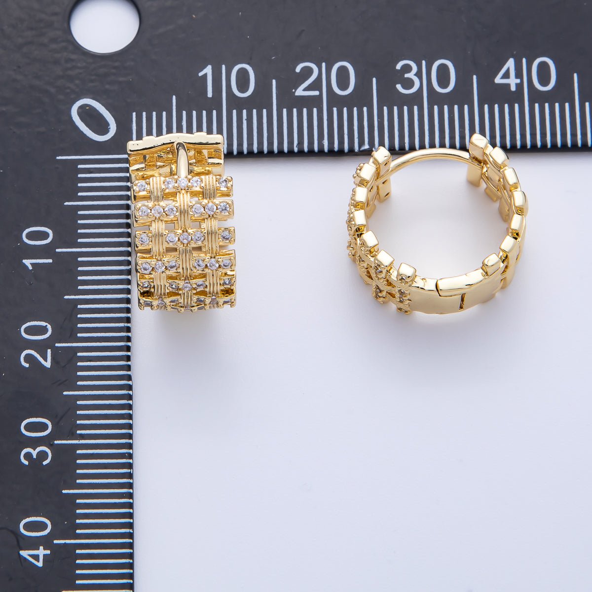 14K Gold Filled 16.5mm Micro Paved CZ Woven Ribbed Huggie Earring in Gold & Silver | EARRINGS-00006-00007