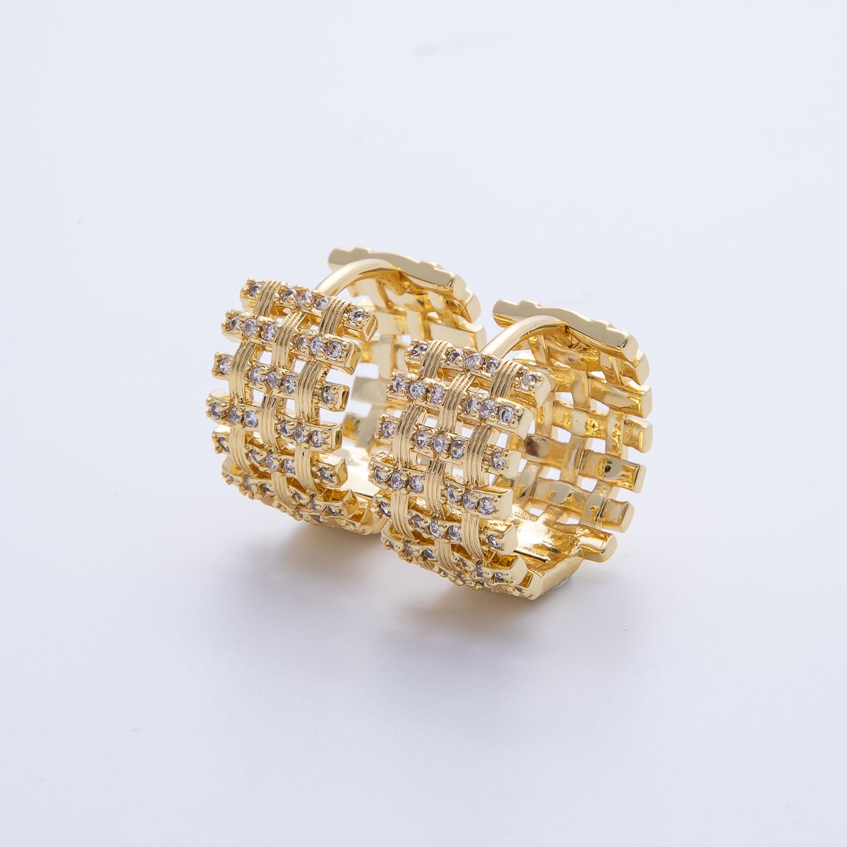14K Gold Filled 16.5mm Micro Paved CZ Woven Ribbed Huggie Earring in Gold & Silver | EARRINGS-00006-00007