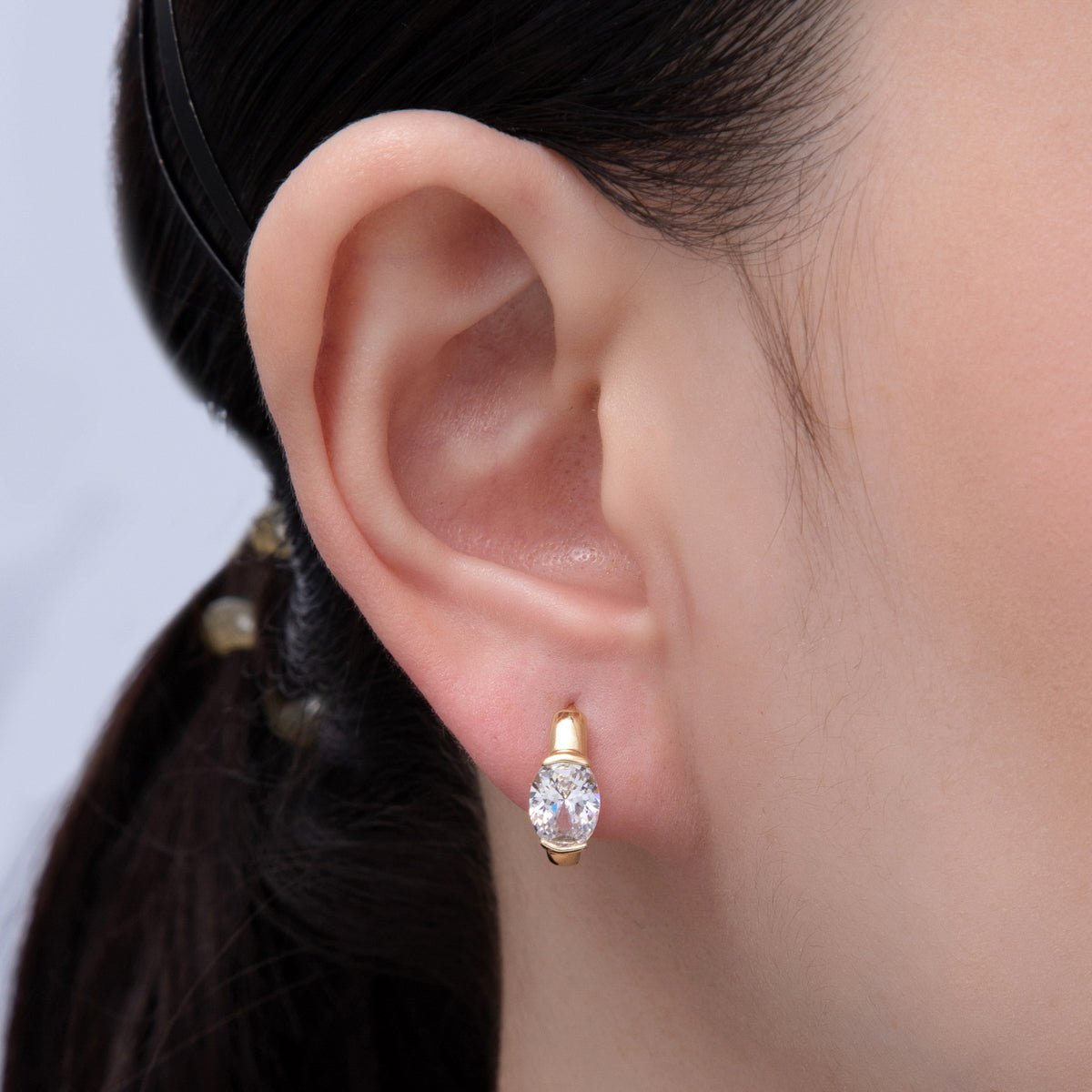 14K Gold Filled 17.3mm Clear CZ Oval Solitaire Cartilage Huggie Earrings | Earrings-00090