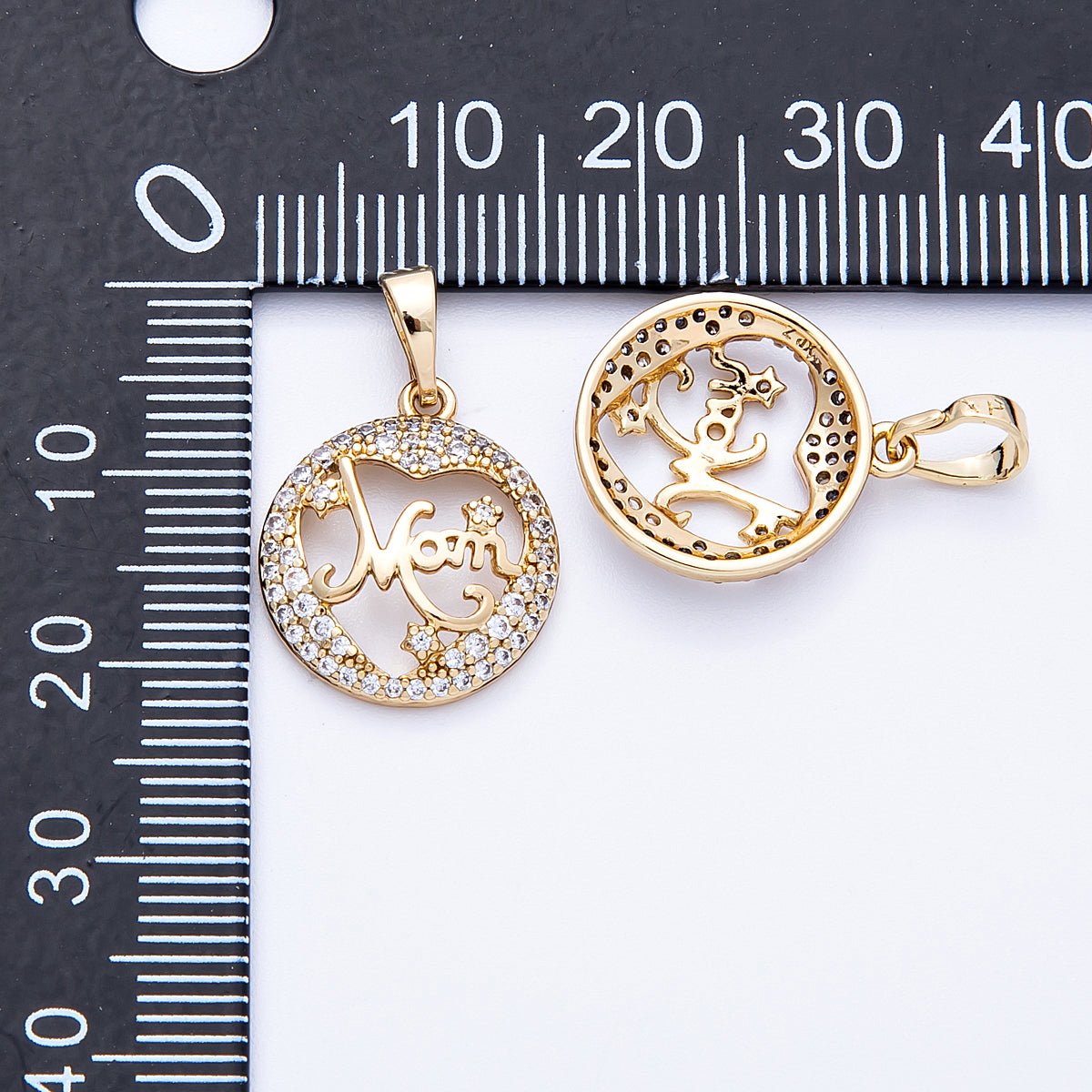 14K Gold Filled 17mm Micro Paved CZ "MOM" Open Round Charm | Charms-000329