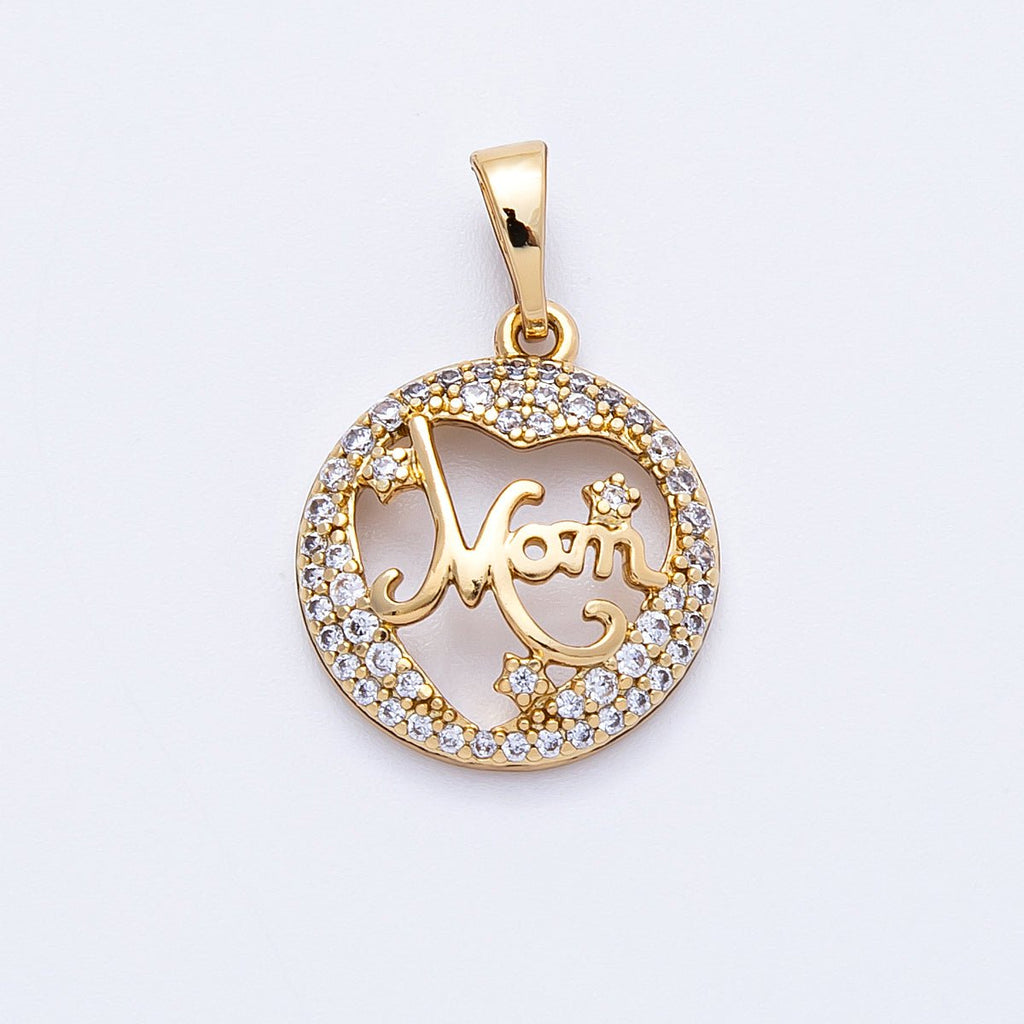 14K Gold Filled 17mm Micro Paved CZ "MOM" Open Round Charm | Charms-000329
