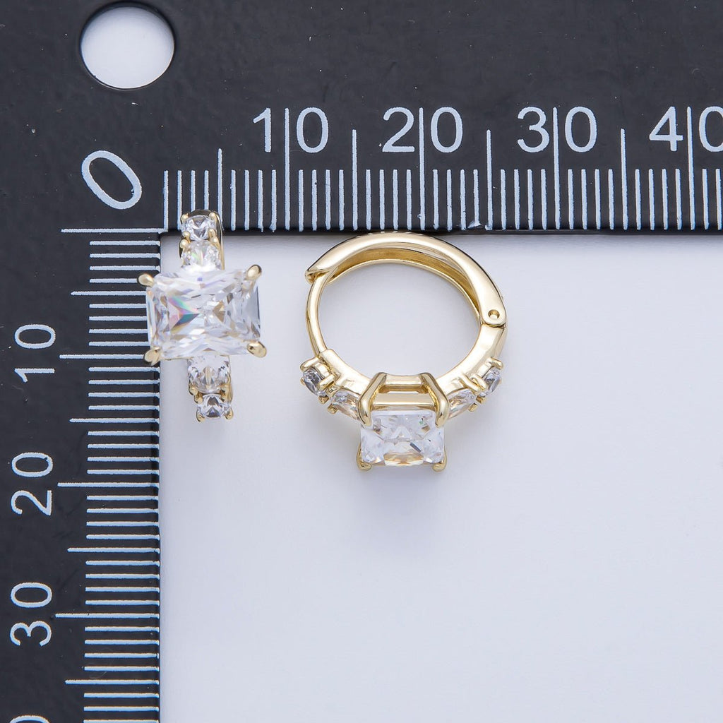 14K Gold Filled 18.8mm Clear CZ Baguette Gradient Huggie Earrings | Earrings-00081