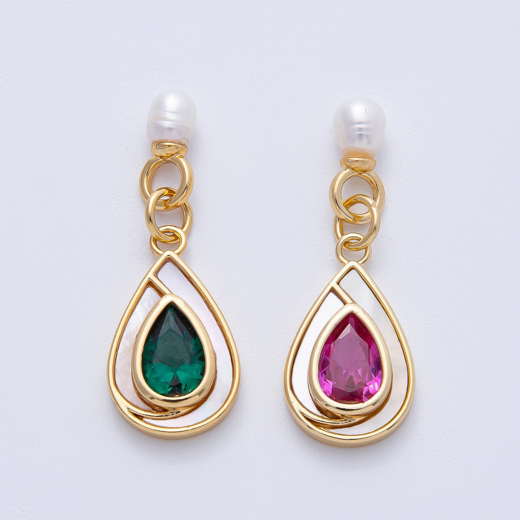 14K Gold Filled 19.5mm Pink, Green CZ Shell Pearl Drop Findings | Findings-400002