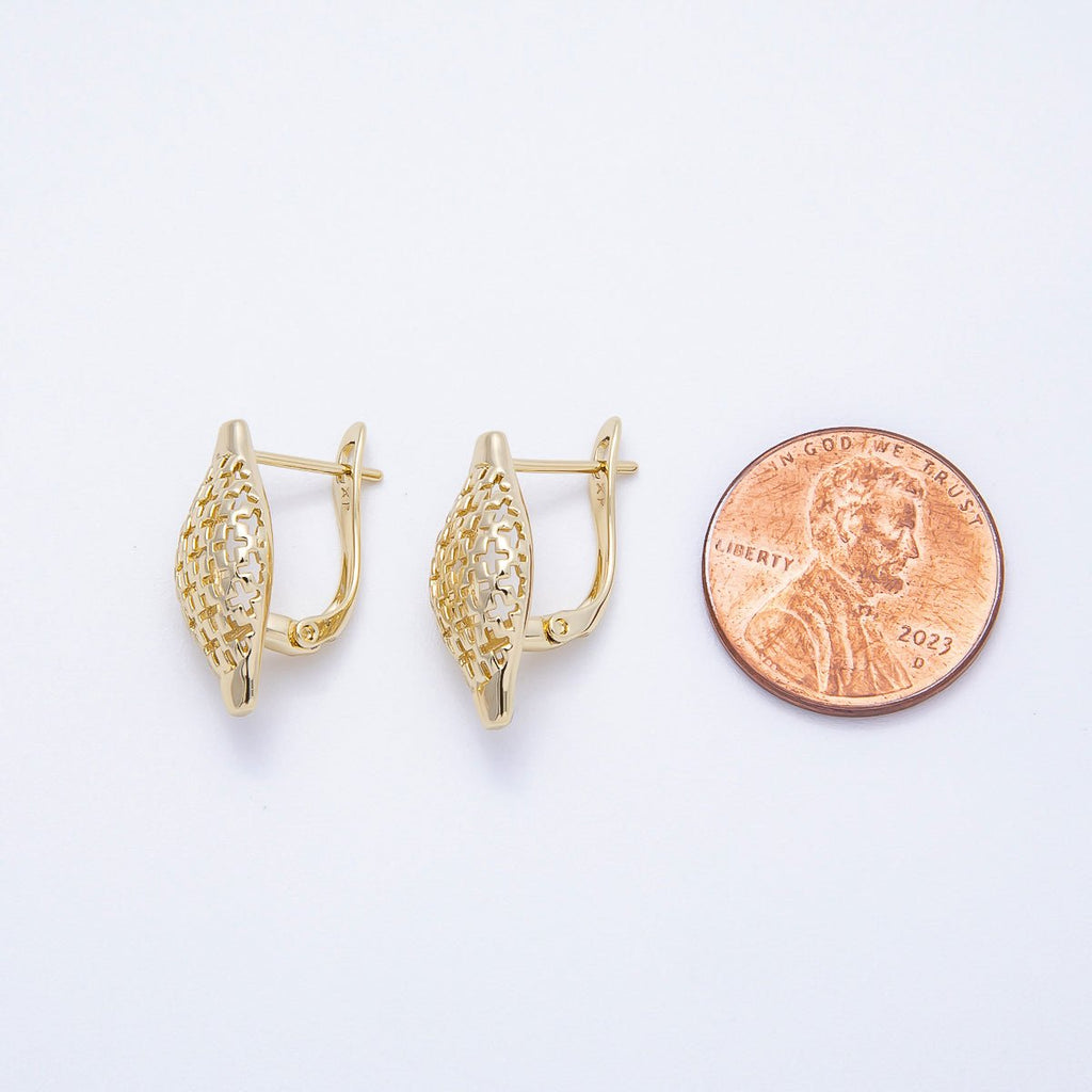 14K Gold Filled 19mm Cross Filigree Open English Lock Hoop Earrings | Earrings-00357