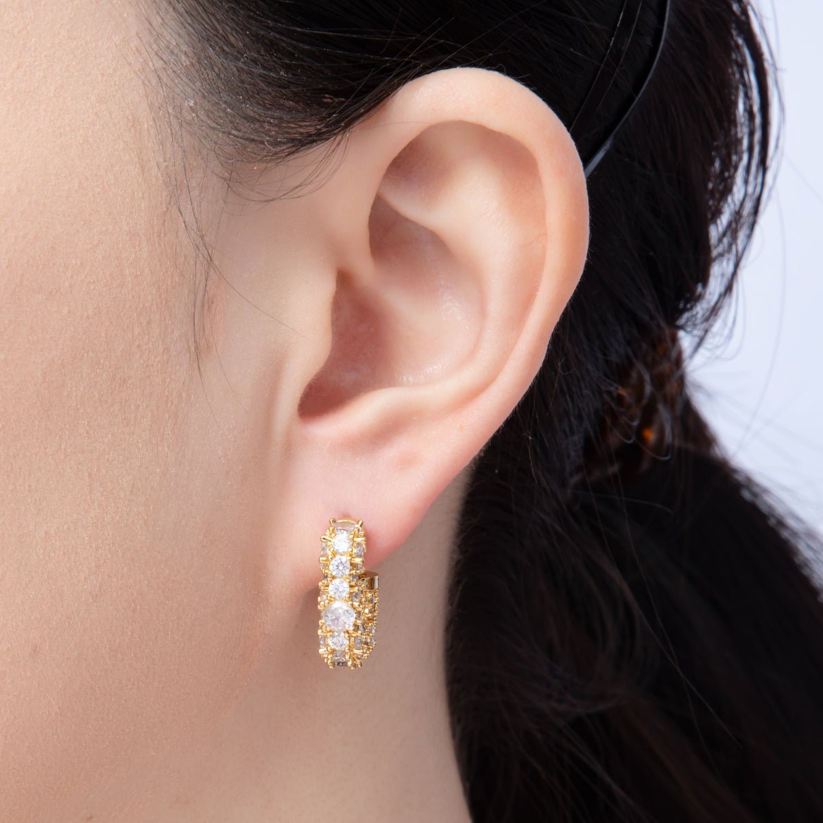 14K Gold Filled 19mm Micro Paved CZ Square J-Shaped Hoop Earrings in Gold & Silver | Earrings-00015-00016