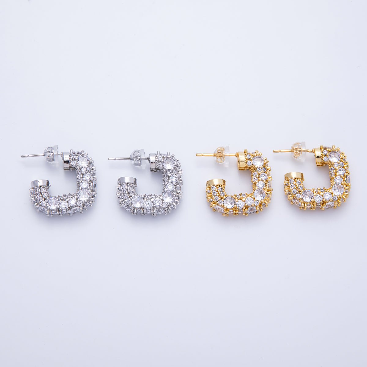 14K Gold Filled 19mm Micro Paved CZ Square J-Shaped Hoop Earrings in Gold & Silver | Earrings-00015-00016
