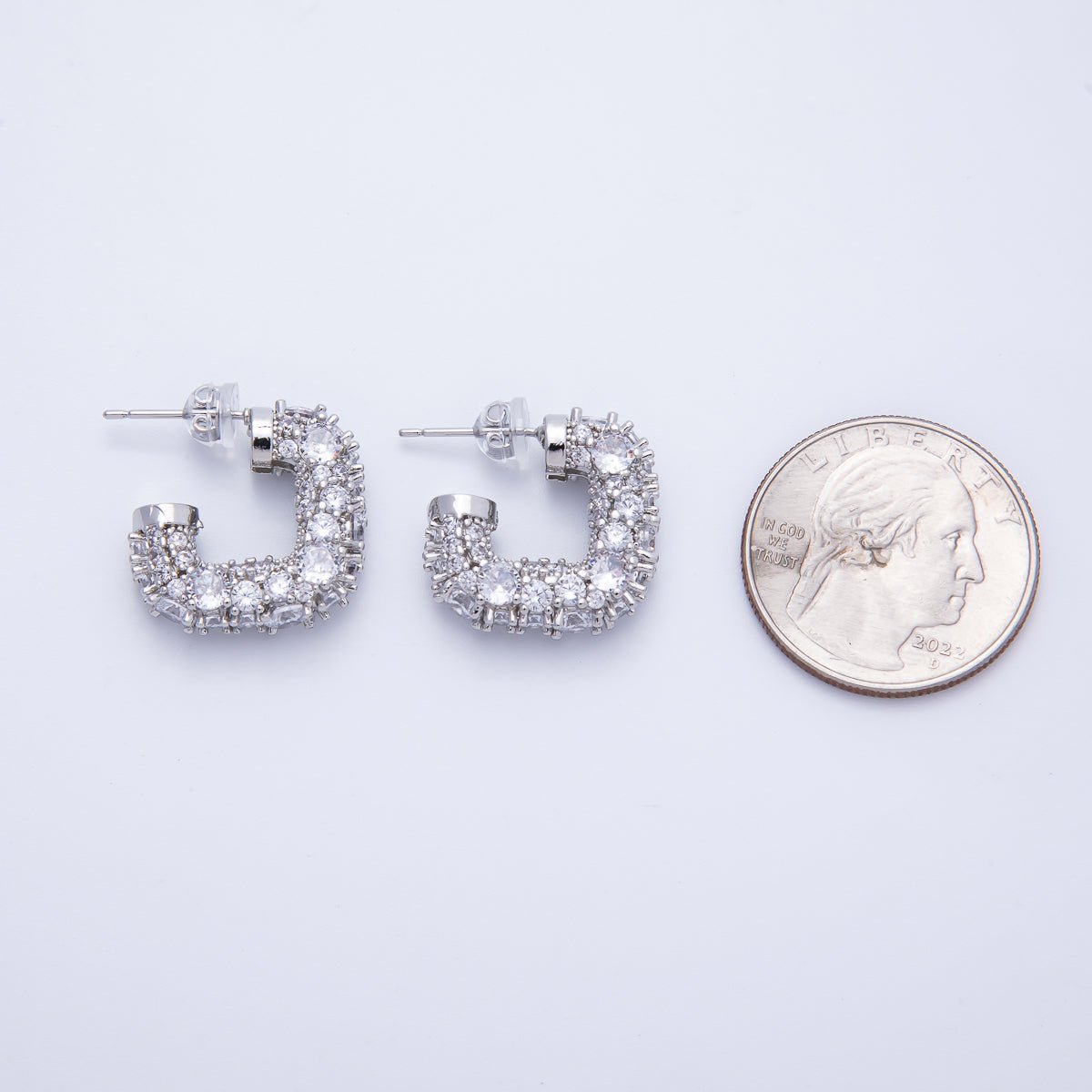 14K Gold Filled 19mm Micro Paved CZ Square J-Shaped Hoop Earrings in Gold & Silver | Earrings-00015-00016