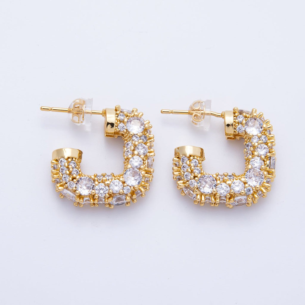 14K Gold Filled 19mm Micro Paved CZ Square J-Shaped Hoop Earrings in Gold & Silver | Earrings-00015-00016